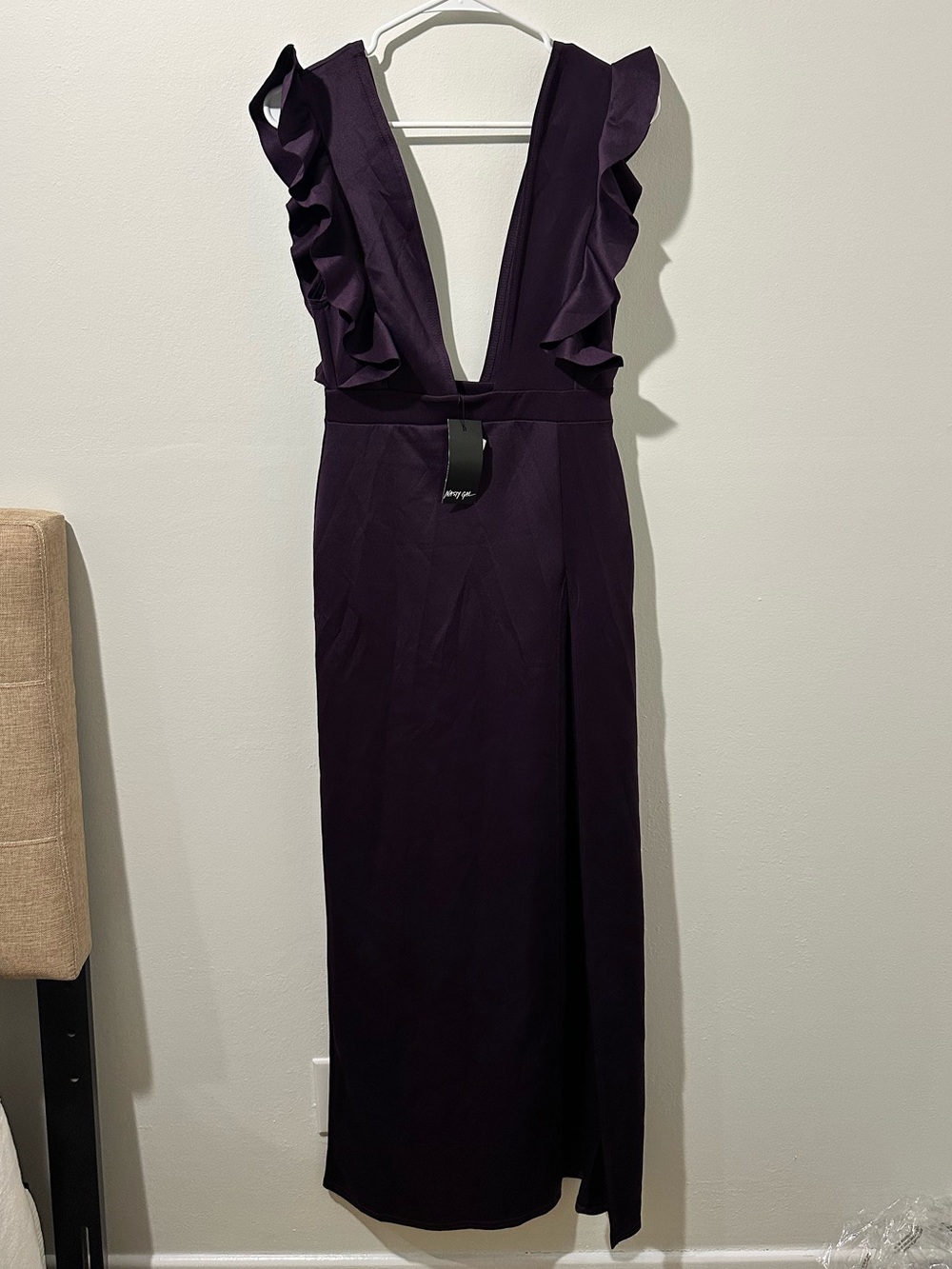 Nasty Gal Plum Ruffle Deep V Maxi Dress